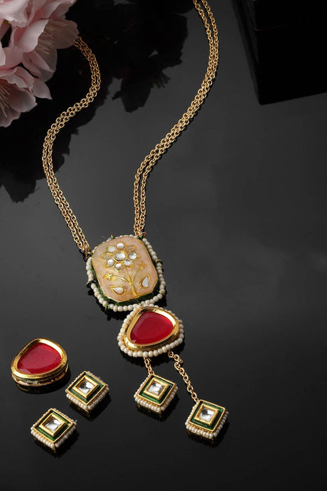 Red And Peach Haar Necklace With Kundan And Pearls