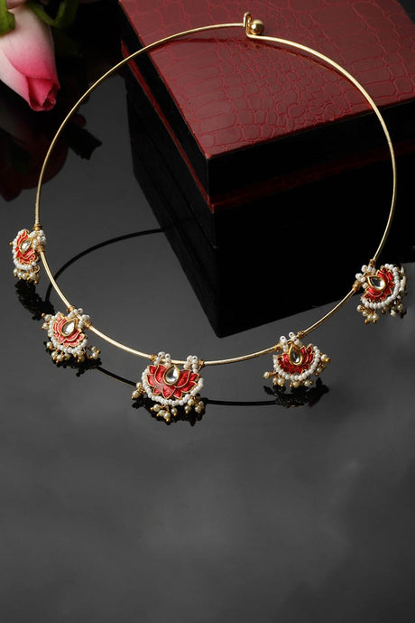 Red And Gold Haar Necklace With Kundan And Pearls