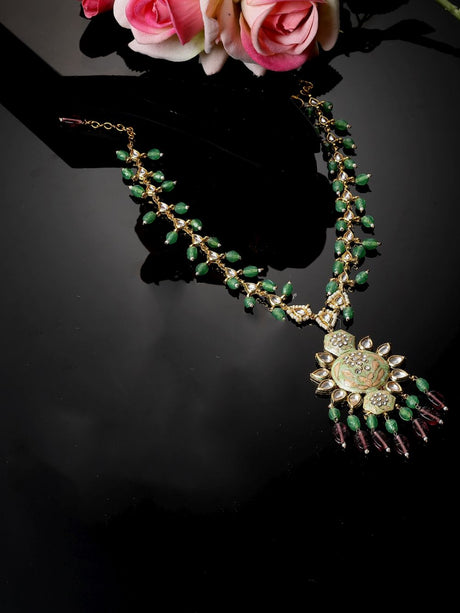 Greeen And Maroon Haar Necklace With Kundan And Pearls