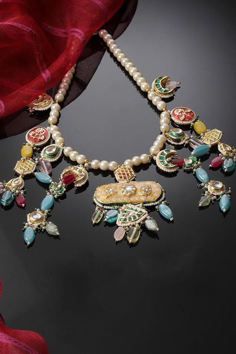 Peach And Red Haar Necklace Kundan And Pearls