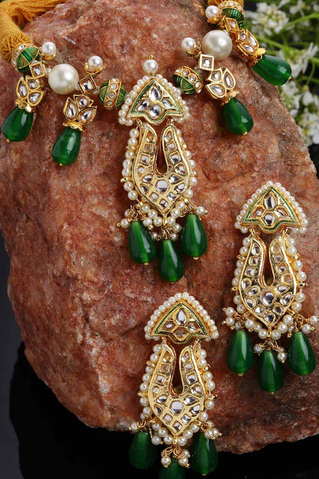 Green And Orange Gold-Plated Kundan And Pearls Jewellery Set
