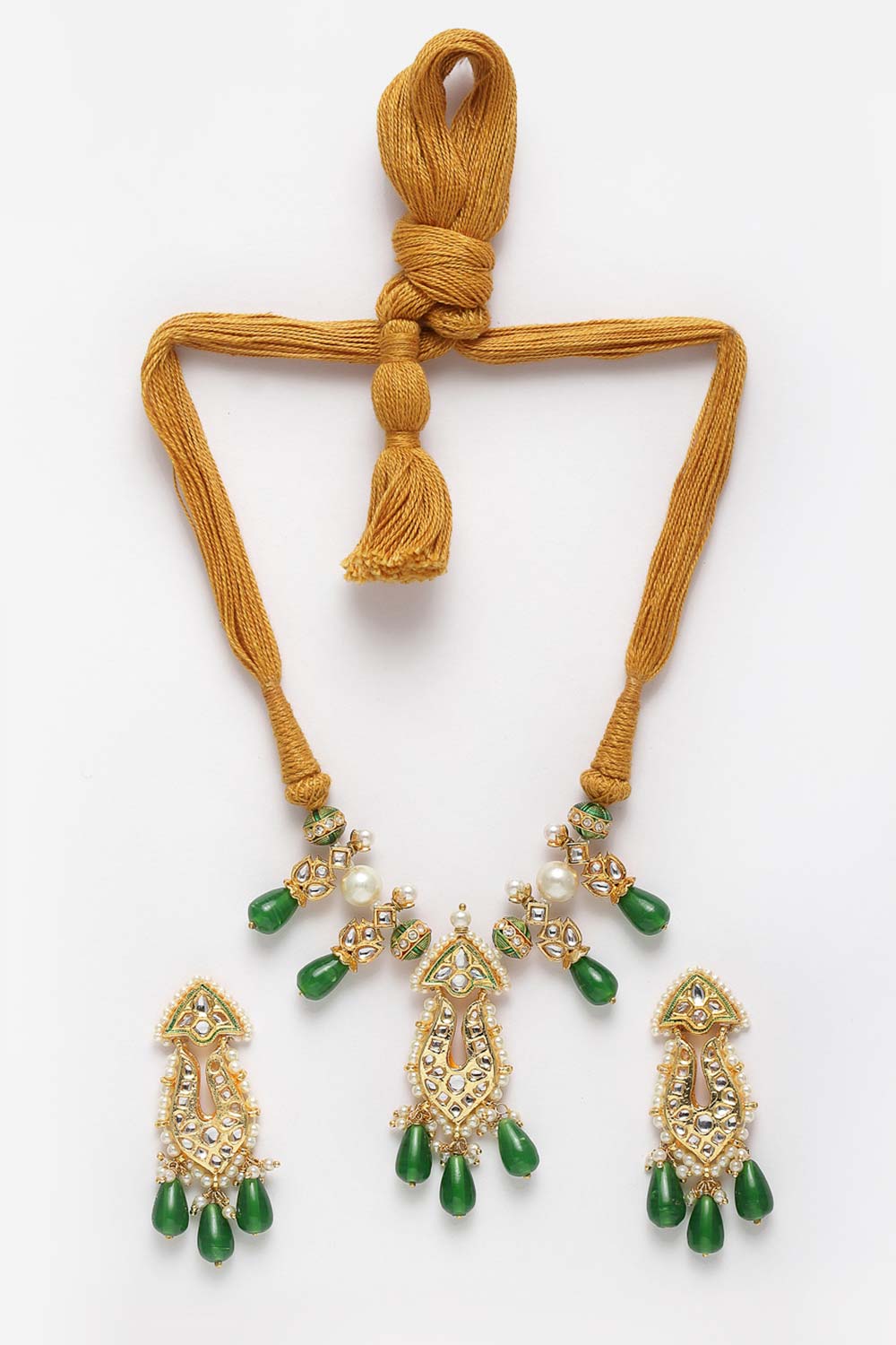 Green And Orange Gold-Plated Kundan And Pearls Jewellery Set