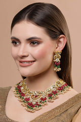 Red And Green  Gold-Plated Kundan Pearls And Ruby Jewelry Set