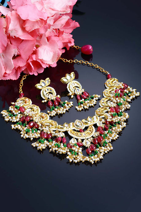 Red And Green  Gold-Plated Kundan Pearls And Ruby Jewellery Set