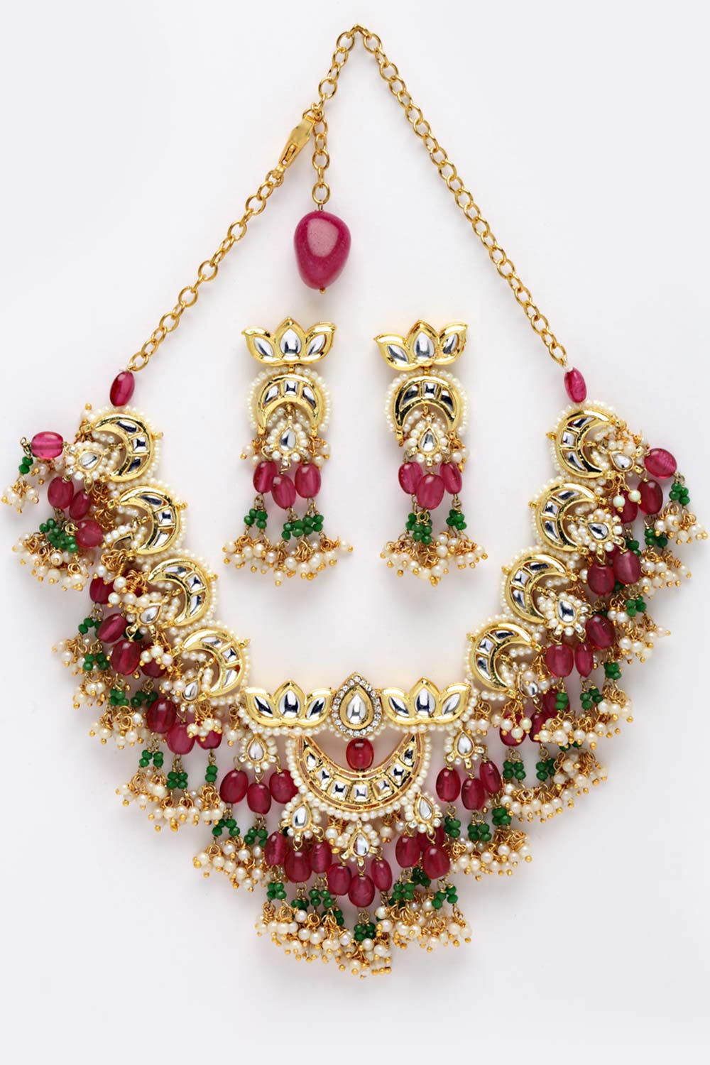 Red And Green  Gold-Plated Kundan Pearls And Ruby Jewelry Set