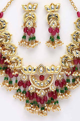 Red And Green  Gold-Plated Kundan Pearls And Ruby Jewelry Set