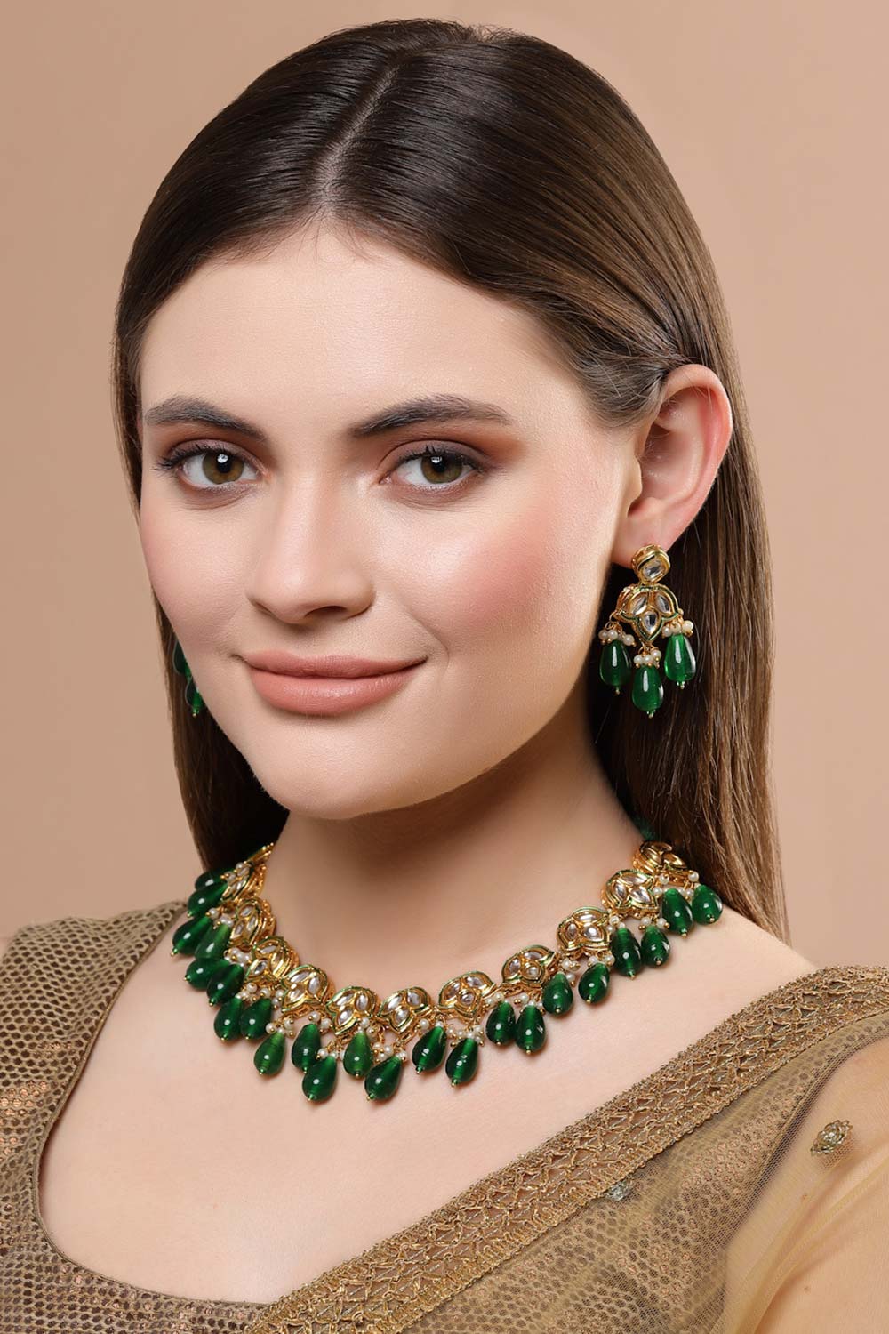 Green And Cream Gold-Plated Kundan And Pearls Jewelry Set