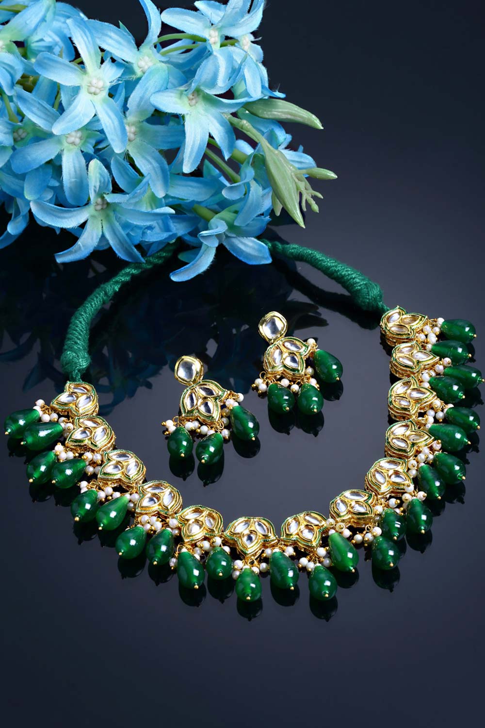 Green And Cream Gold-Plated Kundan And Pearls Jewelry Set