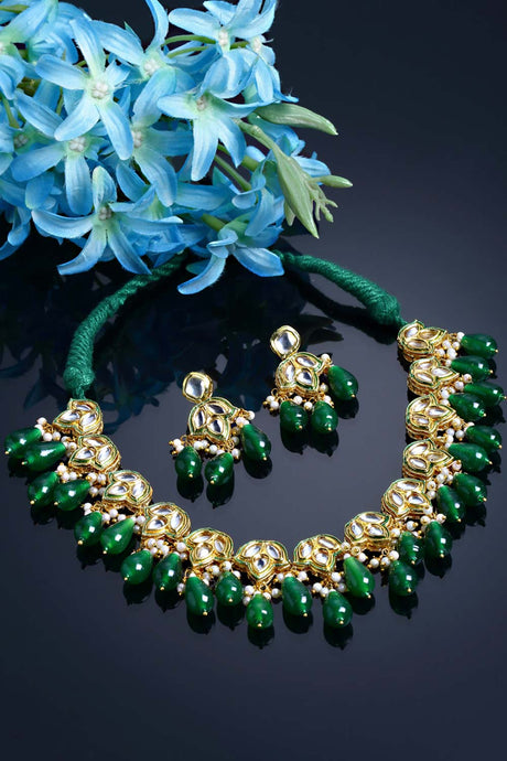 Green And Cream Gold-Plated Kundan And Pearls Jewellery Set