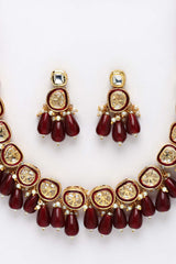Red And Cream Gold-Plated Kundan And Pearls Jewellery Set