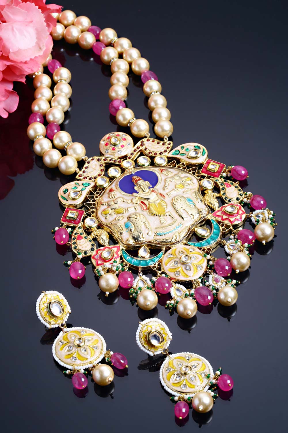 Pink And Peach Gold-Plated Kundan And Pearls Jewelry Set