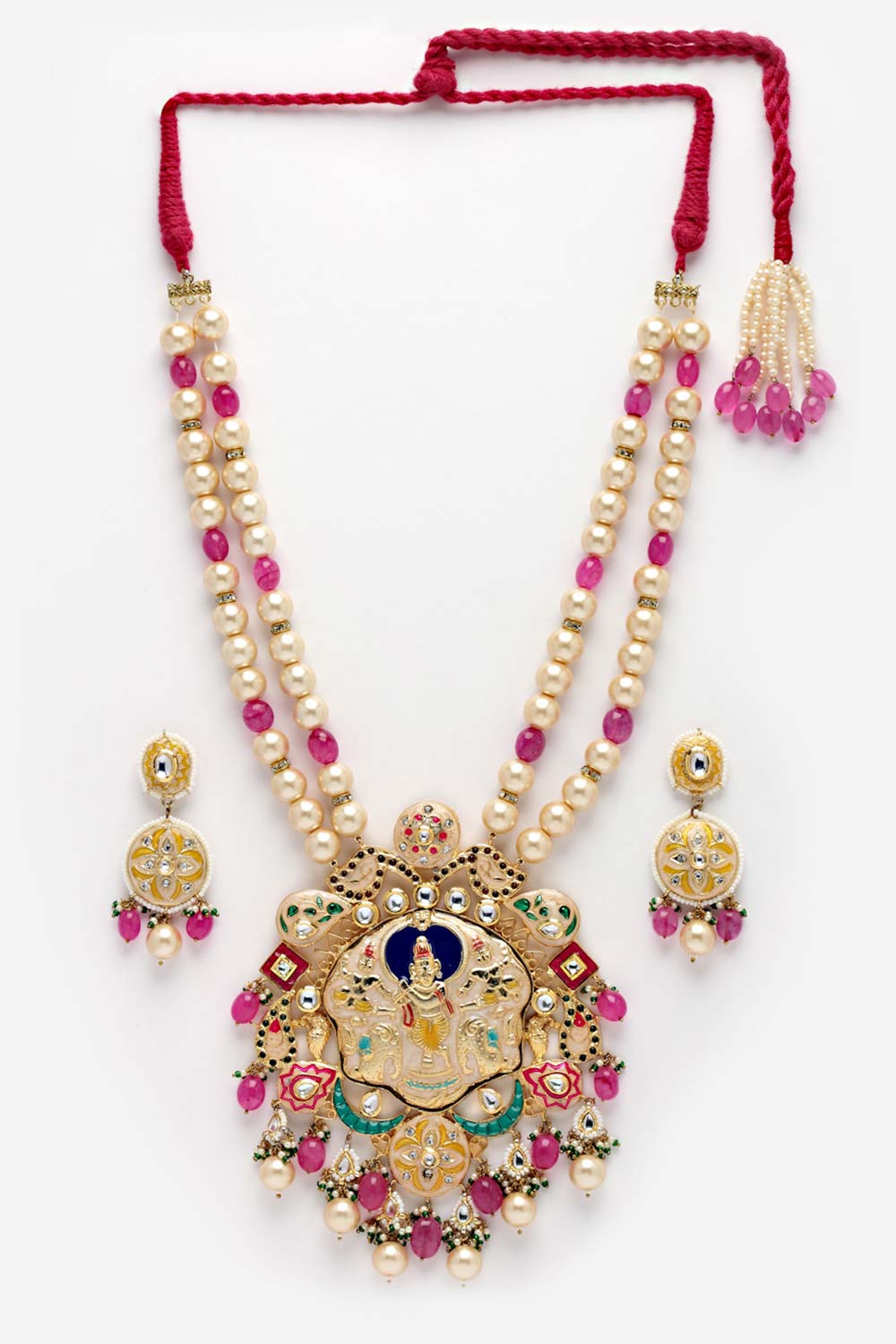 Pink And Peach Gold-Plated Kundan And Pearls Jewelry Set