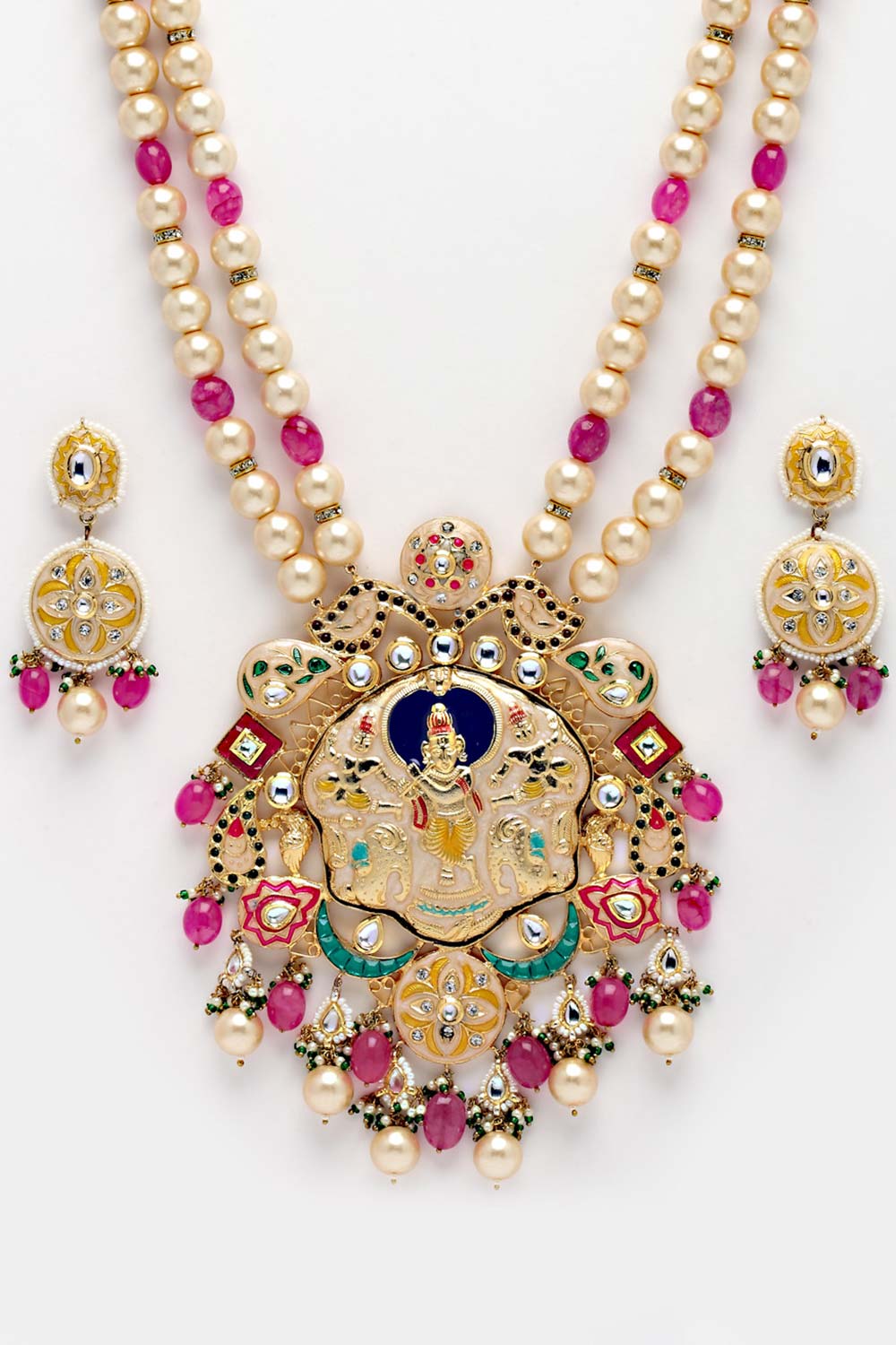 Pink And Peach Gold-Plated Kundan And Pearls Jewelry Set