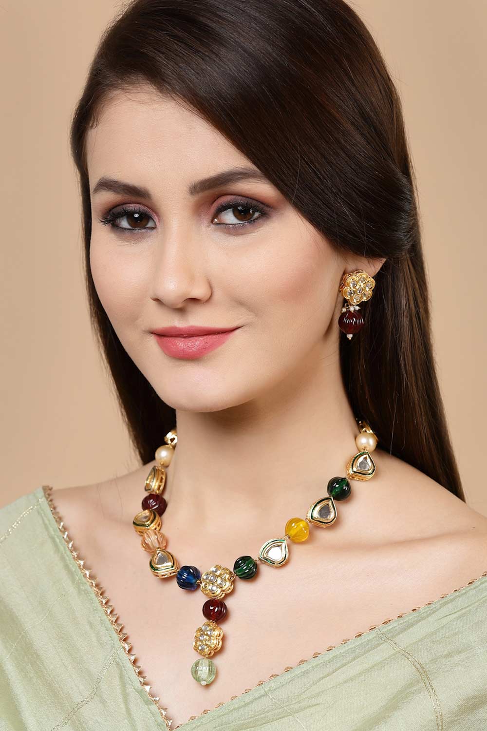 Red And Blue Gold-Plated Kundan And Pearls Necklace Earring Sets