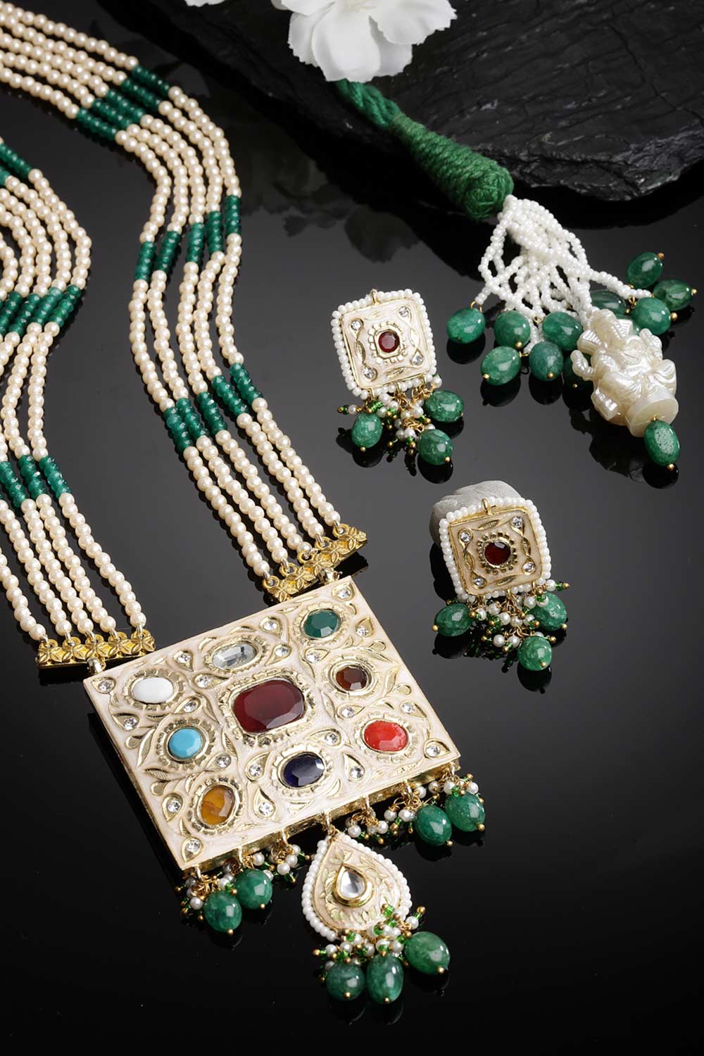 Green And Maroon Gold-Plated Kundan And Pearl Necklace Earring Sets