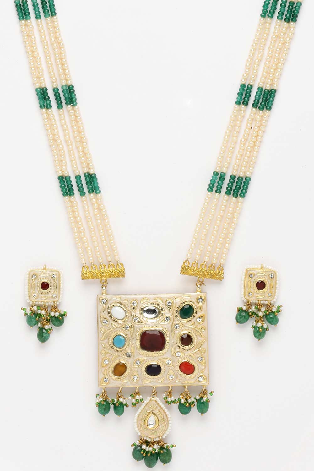 Green And Maroon Gold-Plated Kundan And Pearl Necklace Earring Sets