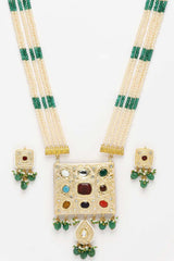 Green And Maroon Gold-Plated Kundan And Pearl Necklace Earring Sets