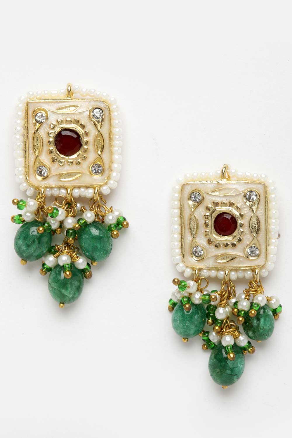 Green And Maroon Gold-Plated Kundan And Pearl Necklace Earring Sets