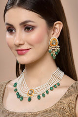 Orange And Green Gold-Plated Kundan And Pearl Necklace Earring Sets