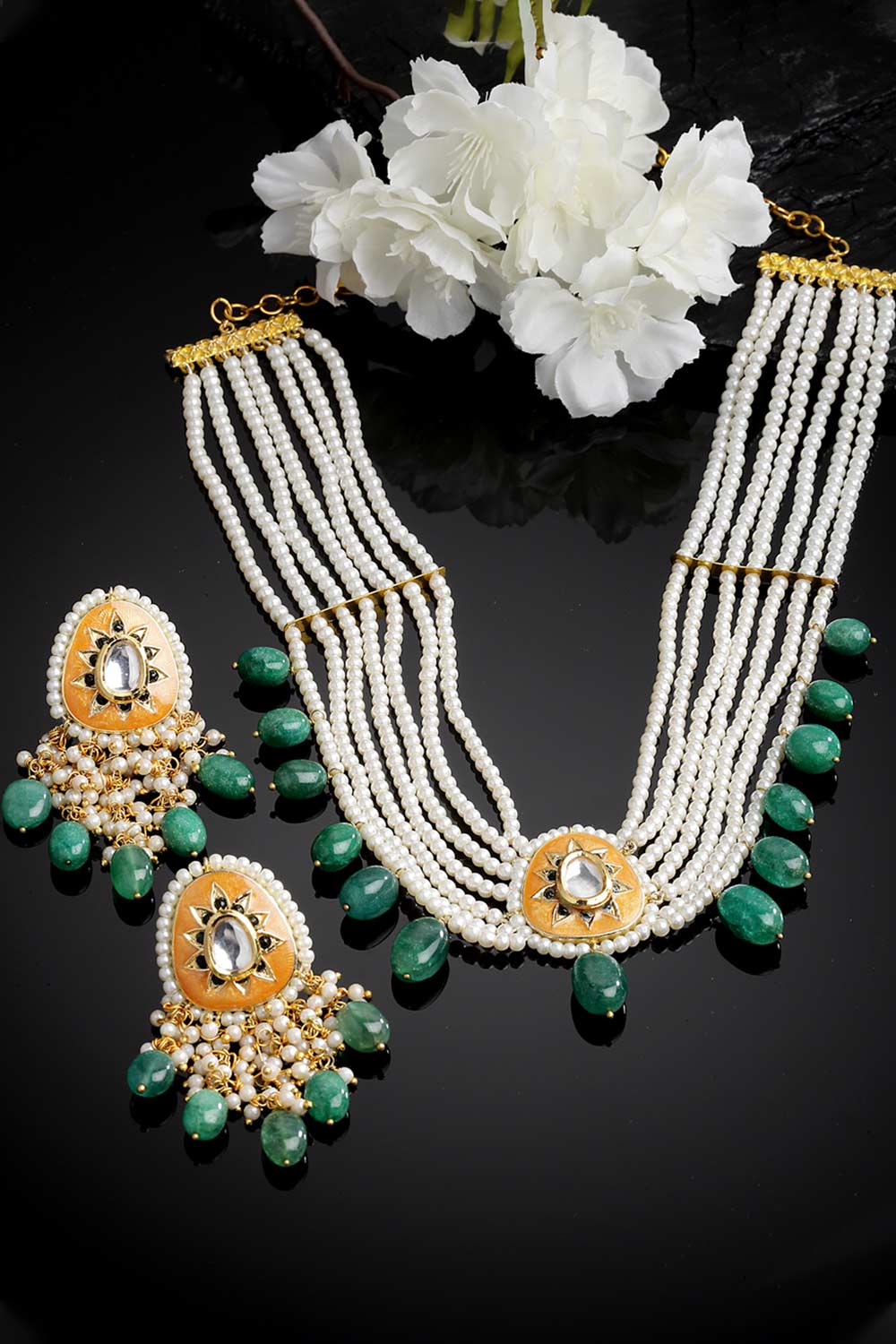 Orange And Green Gold-Plated Kundan And Pearl Necklace Earring Sets