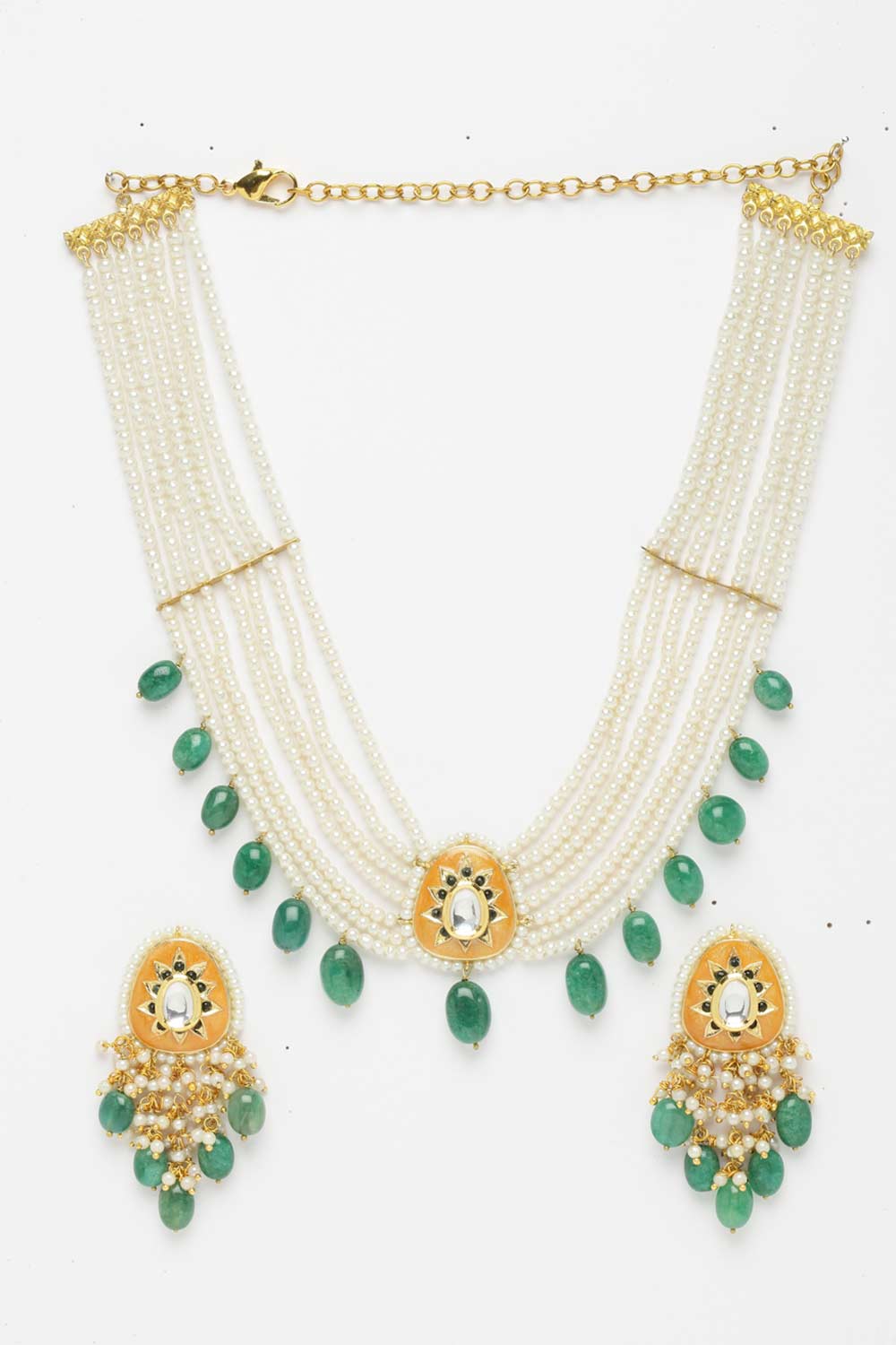 Orange And Green Gold-Plated Kundan And Pearl Necklace Earring Sets