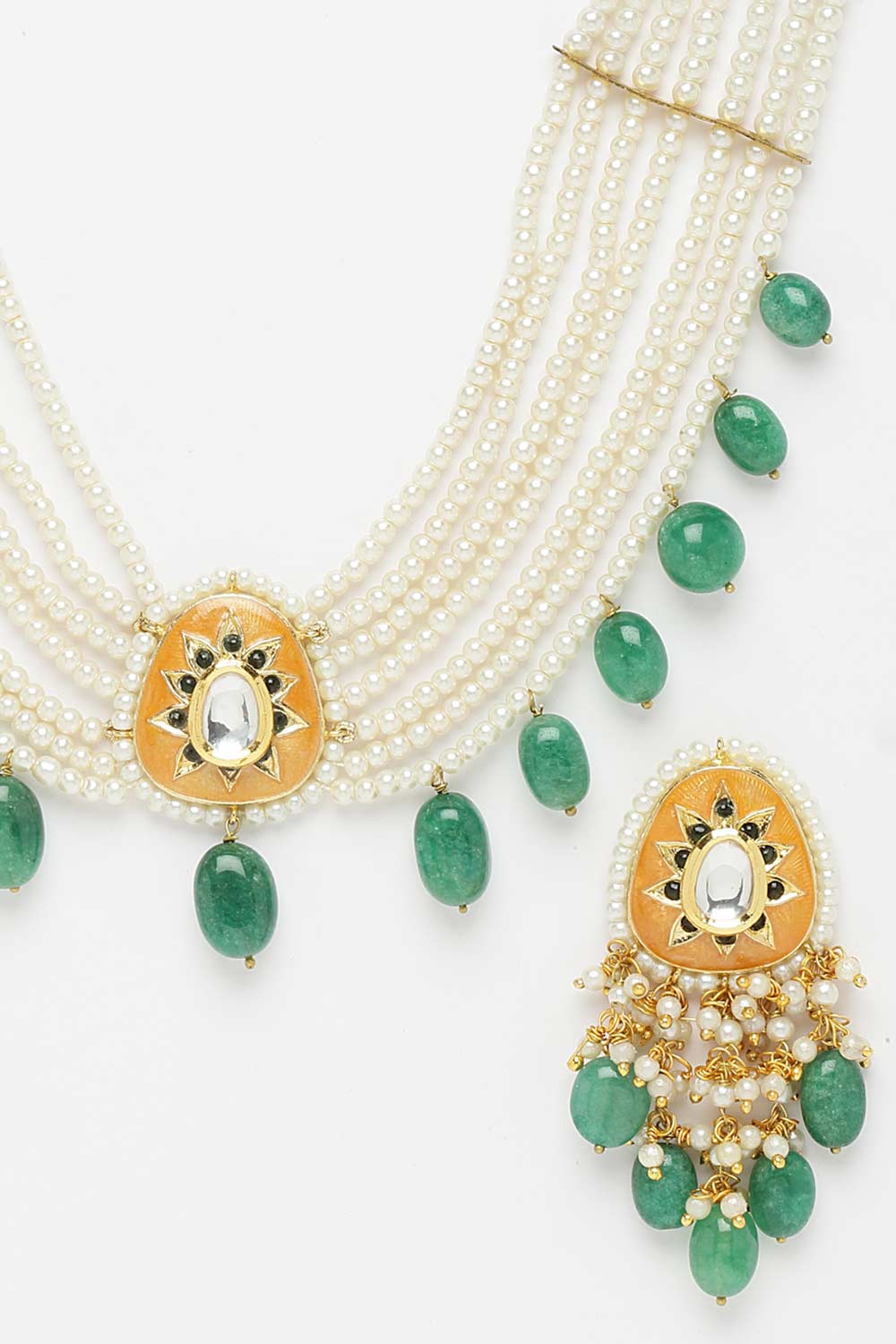 Orange And Green Gold-Plated Kundan And Pearl Necklace Earring Sets