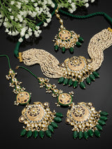 Peach And Green Gold-Plated Kundan And Pearls Necklace Earring Set With Maang Tikka