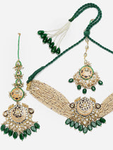 Peach And Green Gold-Plated Kundan And Pearls Necklace Earring Set With Maang Tikka