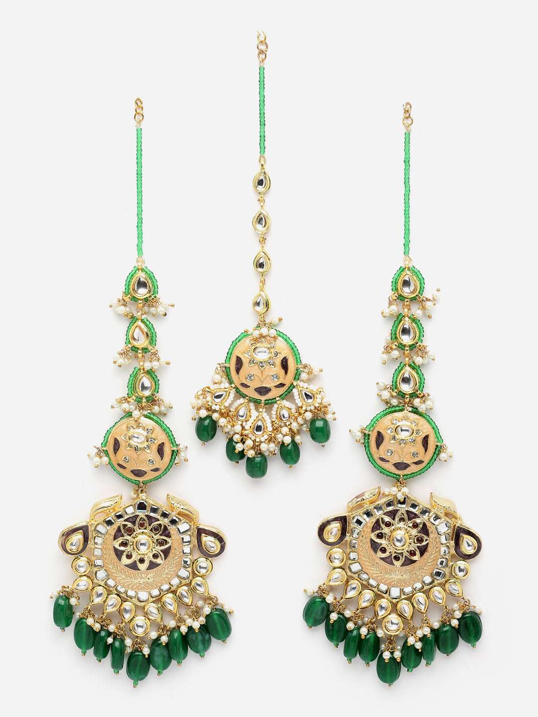 Peach And Green Gold-Plated Kundan And Pearls Necklace Earring Set With Maang Tikka