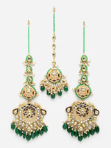 Peach And Green Gold-Plated Kundan And Pearls Necklace Earring Set With Maang Tikka