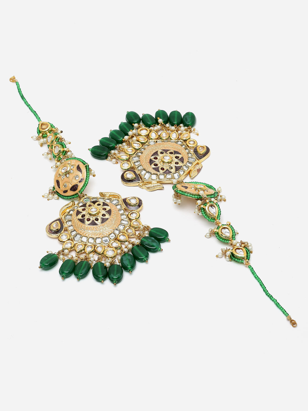 Peach And Green Gold-Plated Kundan And Pearls Necklace Earring Set With Maang Tikka