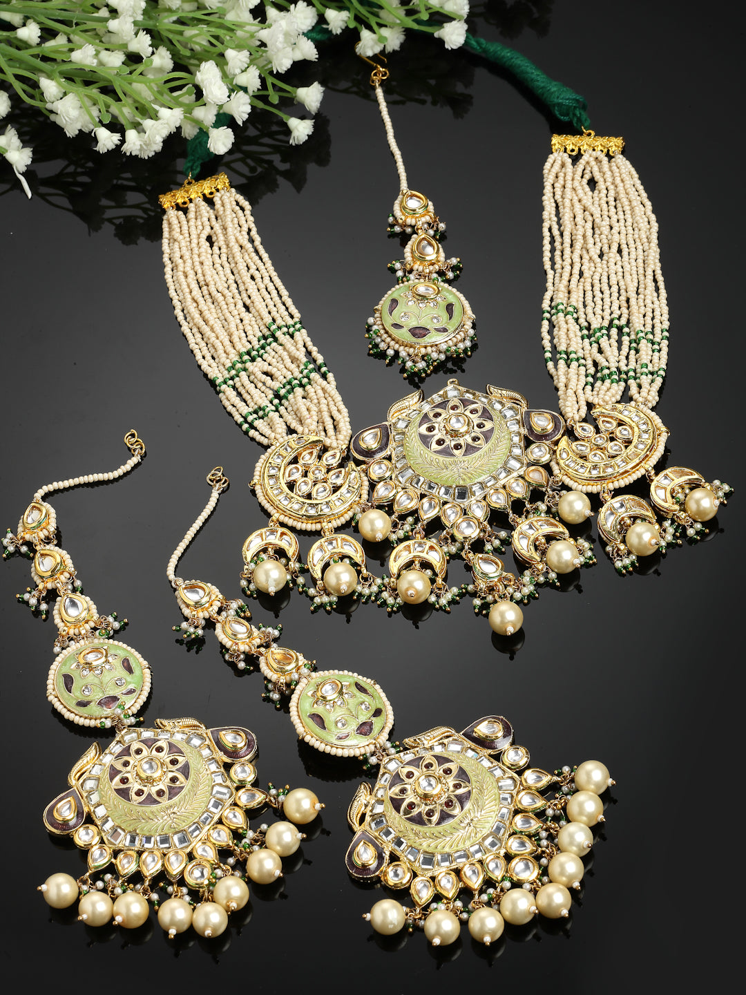 Green And Cream Gold-Plated Kundan And Pearls Necklace Earring Set With Maang Tikka