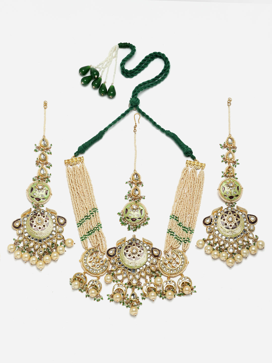 Green And Cream Gold-Plated Kundan And Pearls Necklace Earring Set With Maang Tikka