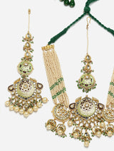 Green And Cream Gold-Plated Kundan And Pearls Necklace Earring Set With Maang Tikka