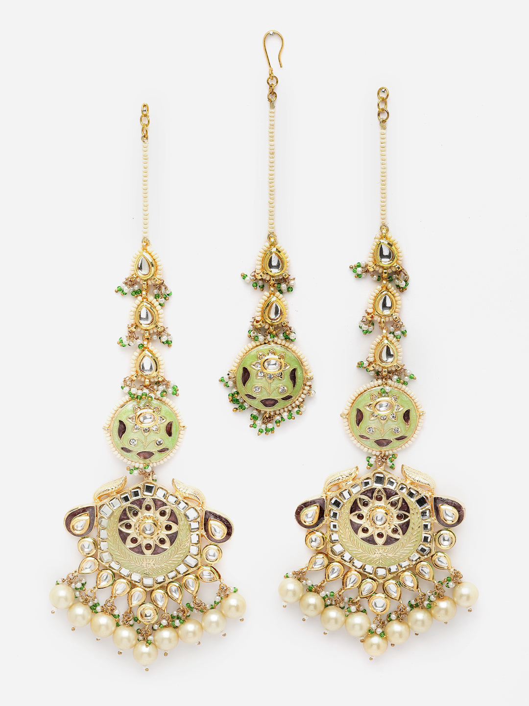 Green And Cream Gold-Plated Kundan And Pearls Necklace Earring Set With Maang Tikka