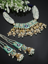 Blue And Cream Gold-Plated Kundan And Pearls Necklace Earring Set