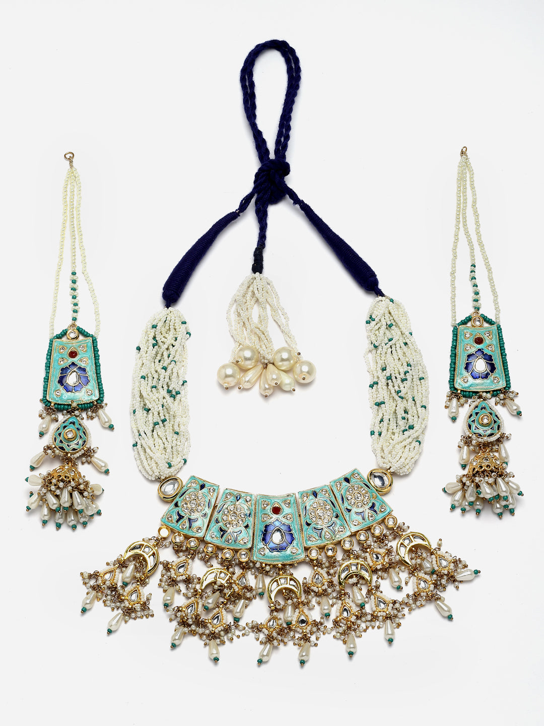 Blue And Cream Gold-Plated Kundan And Pearls Necklace Earring Set