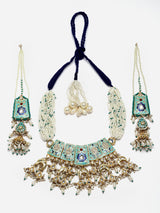 Blue And Cream Gold-Plated Kundan And Pearls Necklace Earring Set