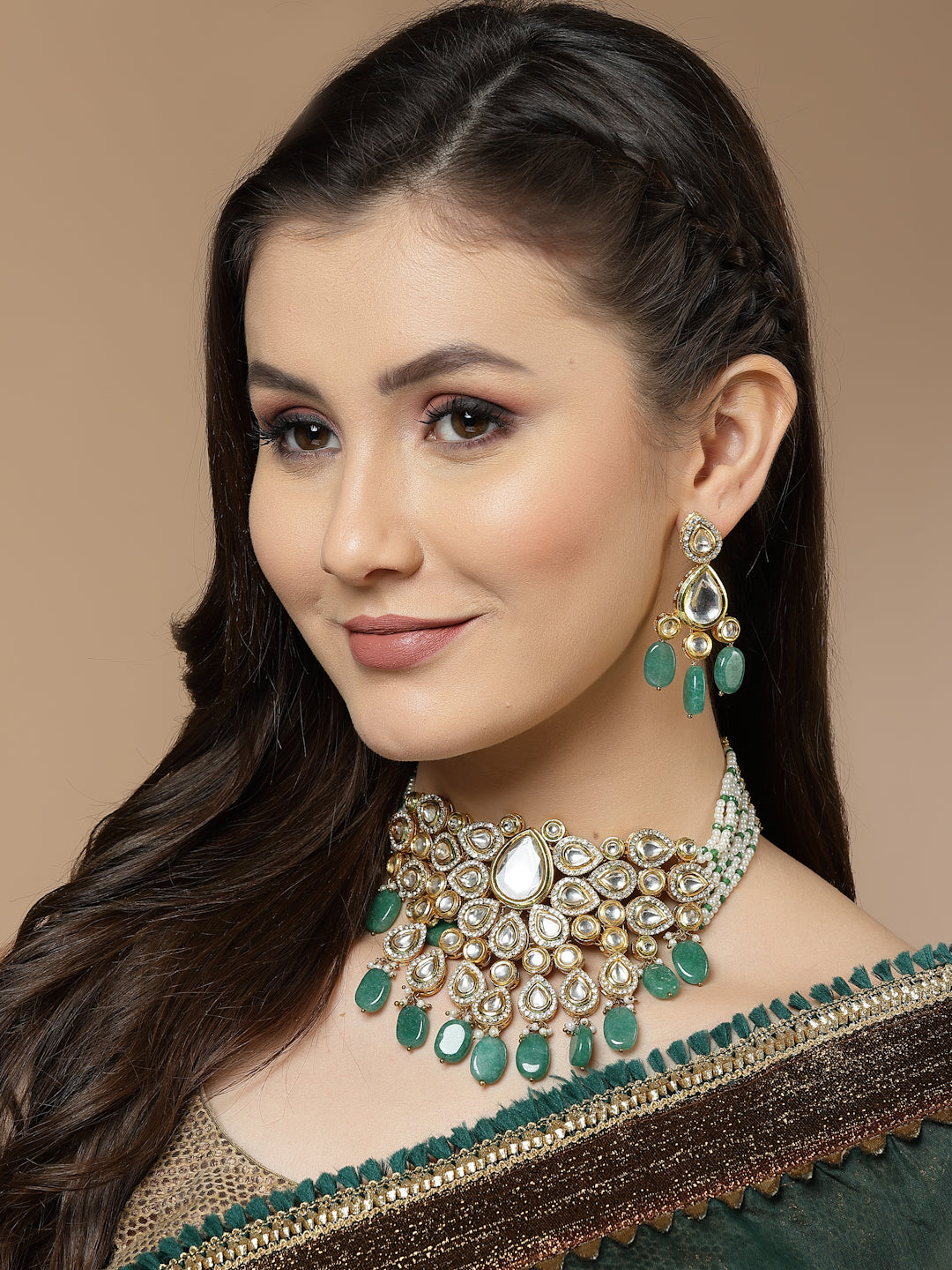 Buy Green and White Gold-Plated Kundan and Pearls Necklace Earring Set Online