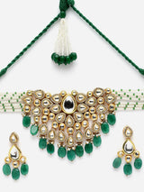 Green And White Gold-Plated Kundan And Pearls Necklace Earring Set