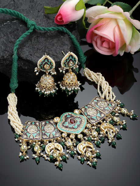 Blue And Grey Gold-Plated Kundan And American Diamonds Necklace Earring Set
