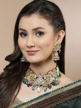 Buy Red and Green Gold-Plated Kundan and American Diamonds Necklace Earring Set Online