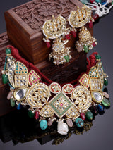 Red And Green Gold-Plated Kundan And American Diamonds Necklace Earring Set