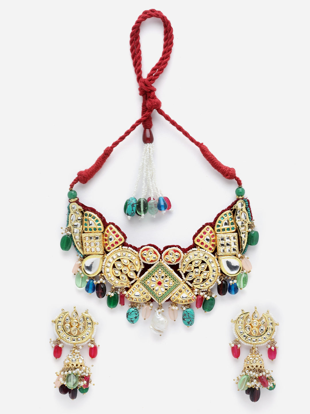 Red And Green Gold-Plated Kundan And American Diamonds Necklace Earring Set