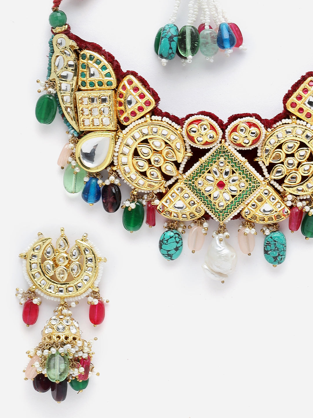 Red And Green Gold-Plated Kundan And American Diamonds Necklace Earring Set