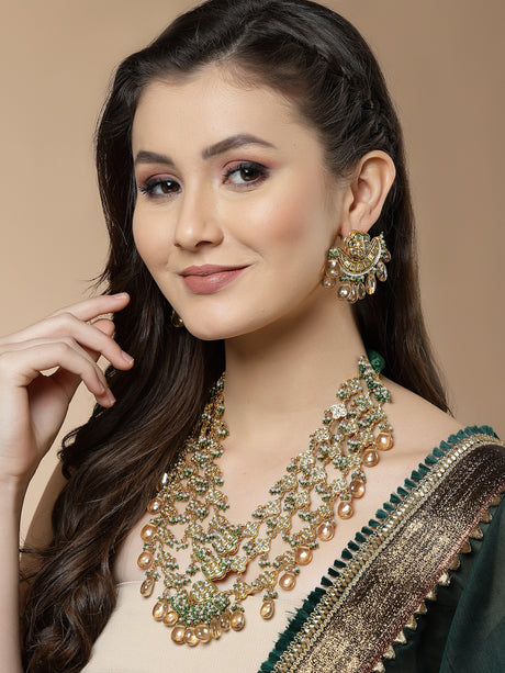 Buy Green and Yellow Gold-Plated Kundan and Pearls Necklace Earring Set Online