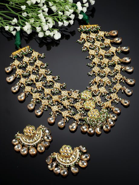 Green And Yellow Gold-Plated Kundan And Pearls Necklace Earring Set