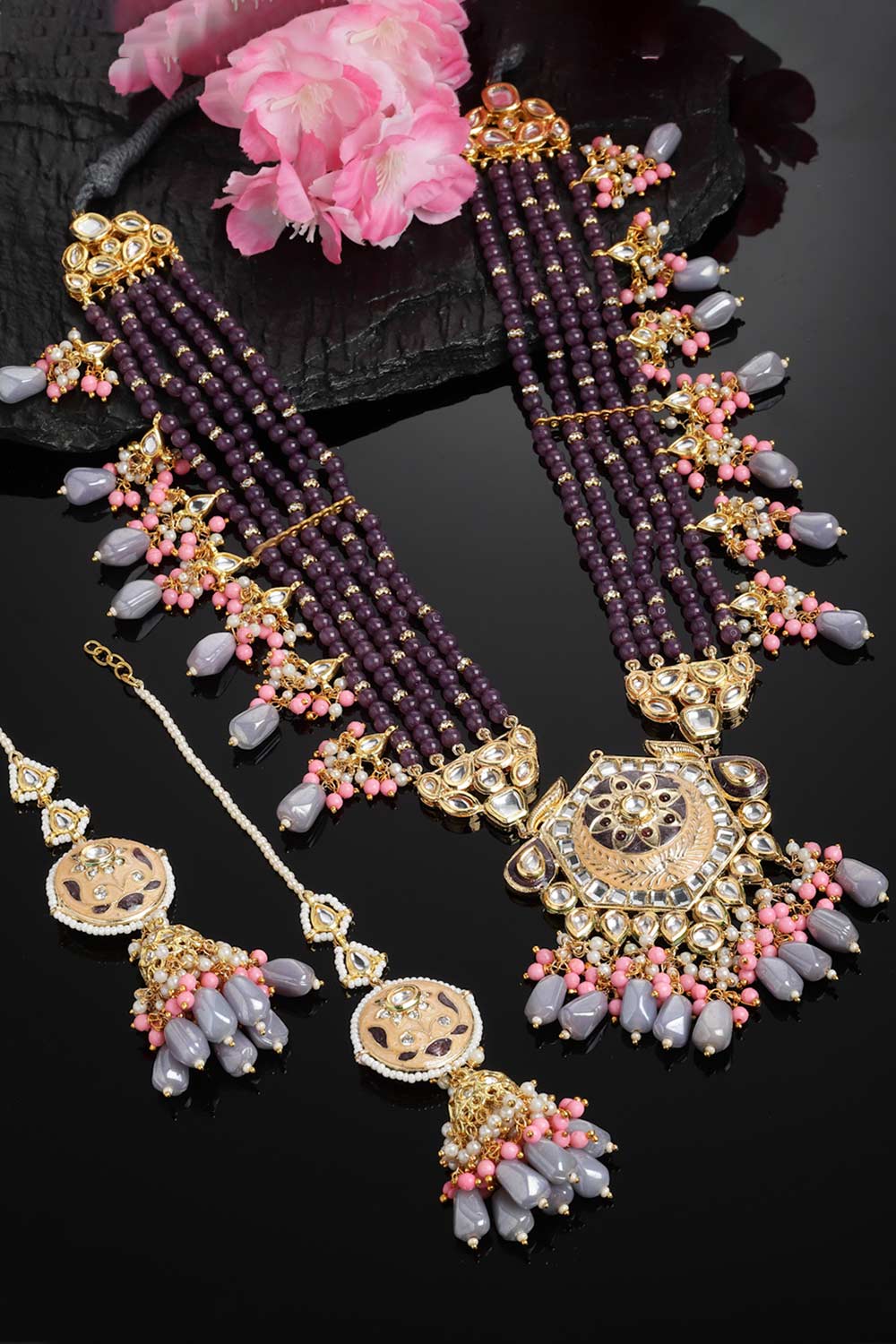 Purple And Gray Kundan And Pearls Necklace And Earring Set