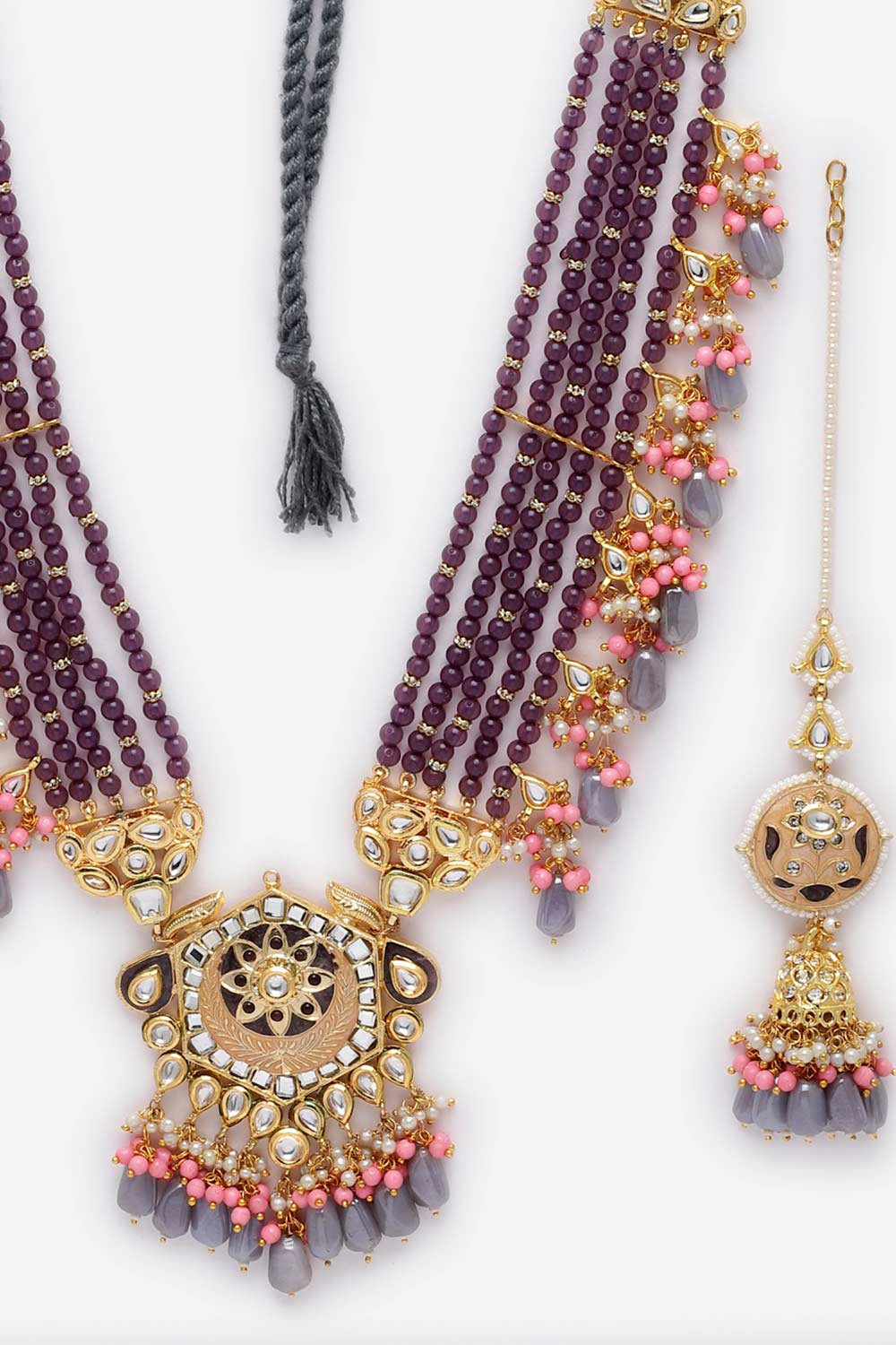 Purple And Gray Kundan And Pearls Necklace And Earring Set