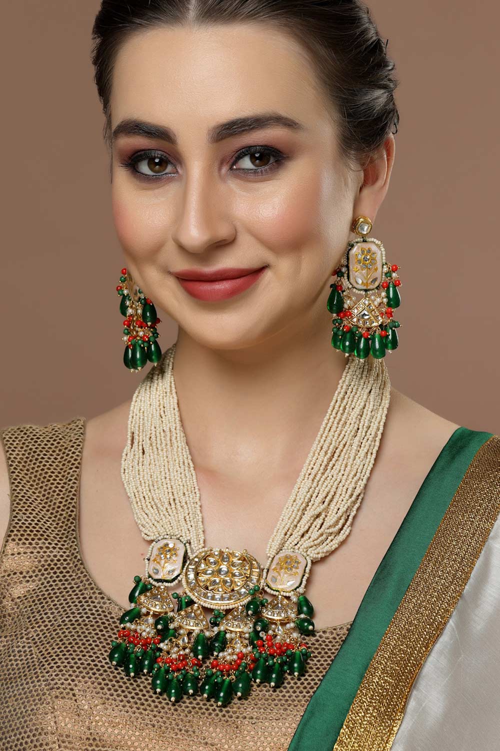 Green And White Kundan And Pearls Necklace And Earring Set